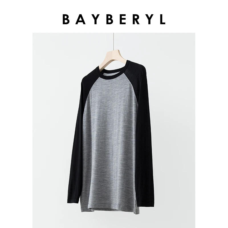 9/23 BAYBERYL老贝撞色拼接插肩袖圆领百搭薄款针织衫ZZS2L1402