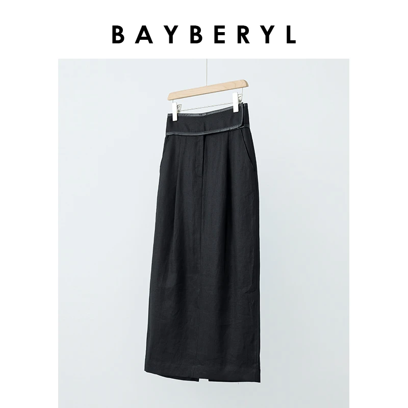Z5-BAYBERYL老贝腰封裙*亚麻开叉直筒黑春夏半身裙YQ3A2504-3/2
