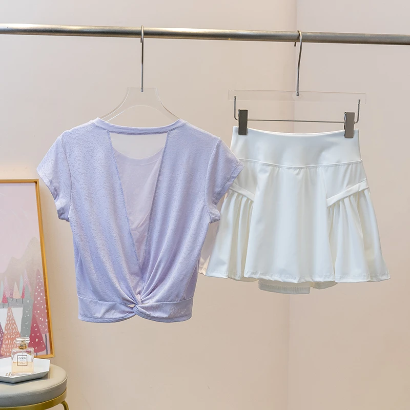 瑜伽套装女夏天薄款美背罩衫短裙速干跑步运动健身服羽毛球网球裙