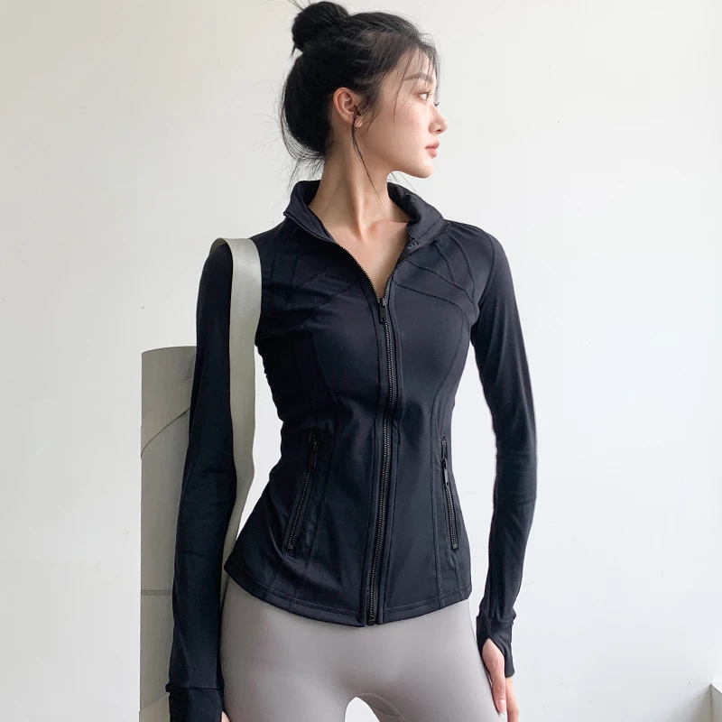 瑜伽服女长袖修身显瘦百搭速干拉链跑步运动立领上衣健身外套秋冬