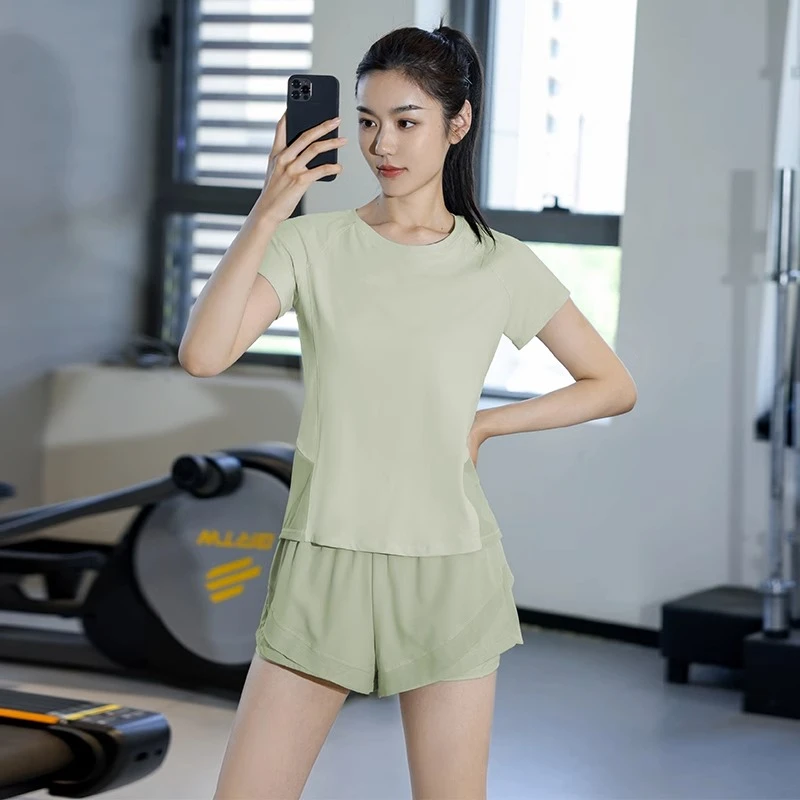 速干跑步运动套装女羽毛球健身专业训练网纱透气T恤夏瑜伽服短袖