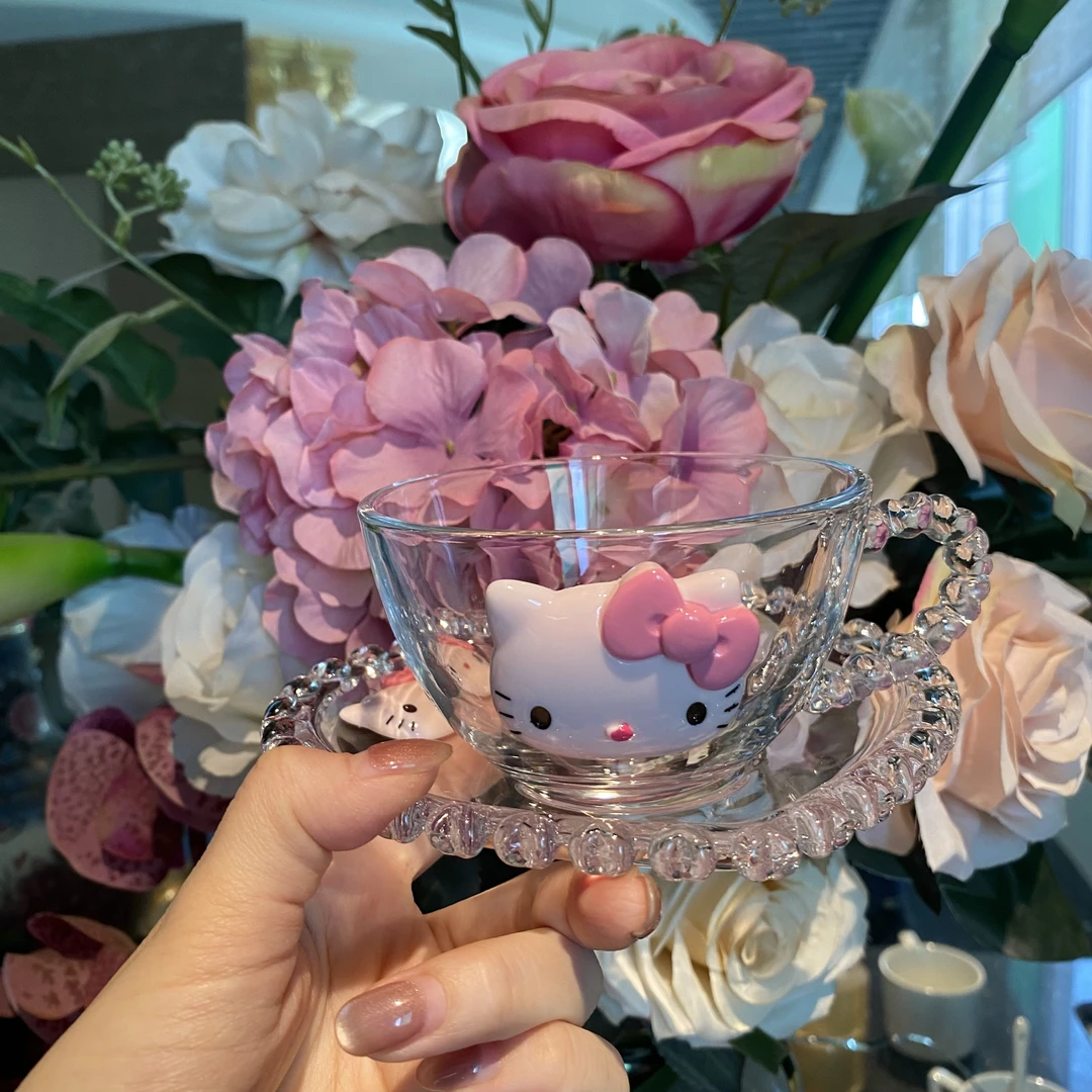 玻璃少女心轻奢爱心珠点咖啡杯碟时尚KT猫早餐下午茶点心杯碟套组