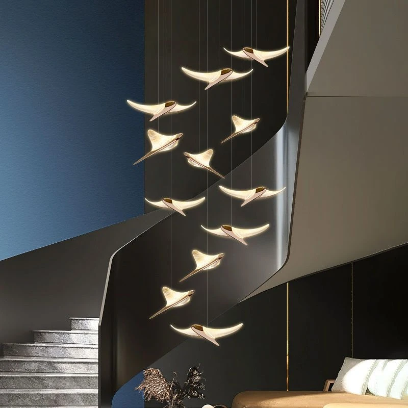 楼梯吊灯轻奢别墅复式楼创意飞鱼餐厅吊灯现代简约大气客厅led灯
