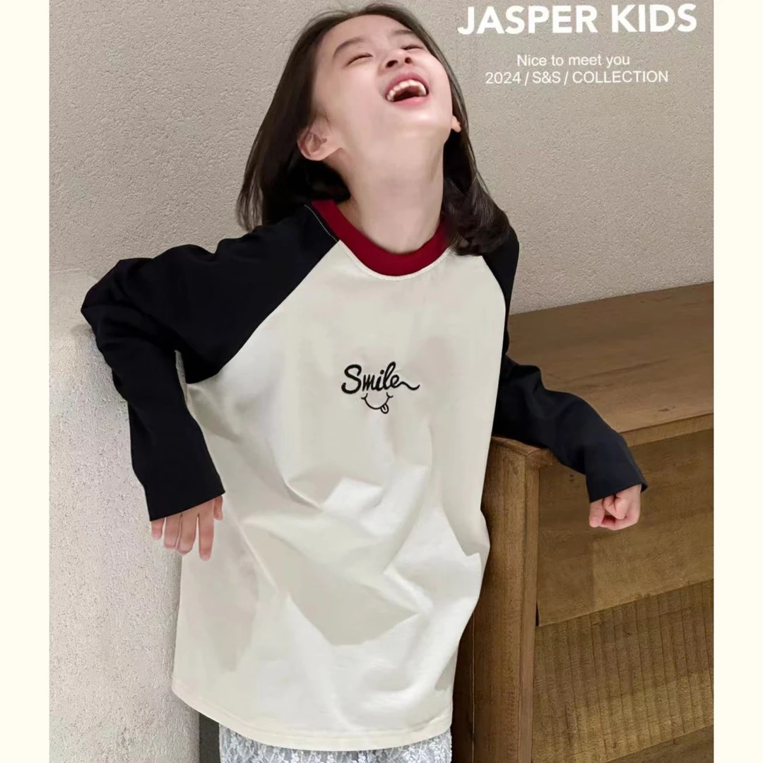 童装儿童长袖撞色T恤2025春季新款中大男女童洋气拼色休闲中长款