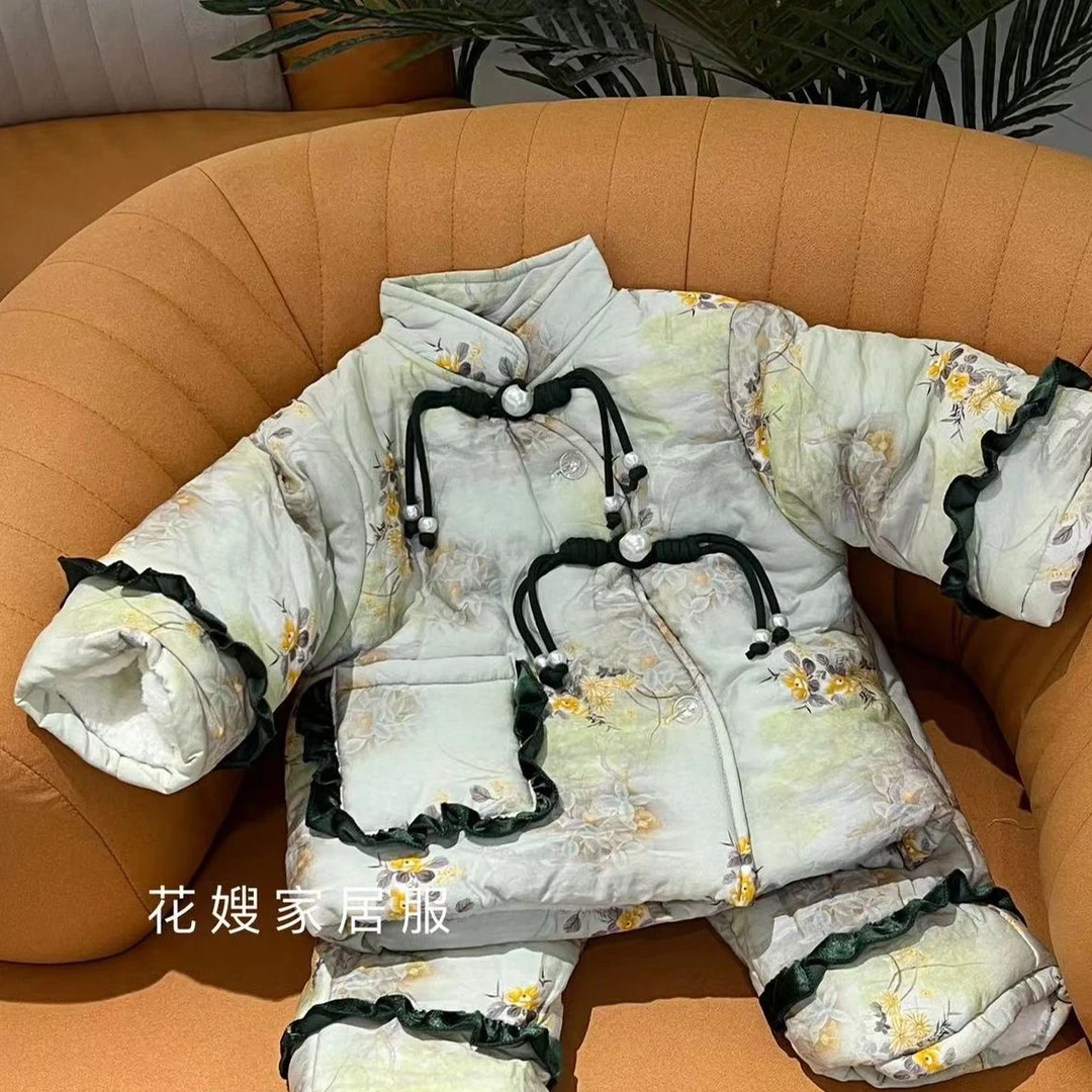 23827 花嫂家女童复古盘扣可外穿三层加棉加厚家居服睡衣套装