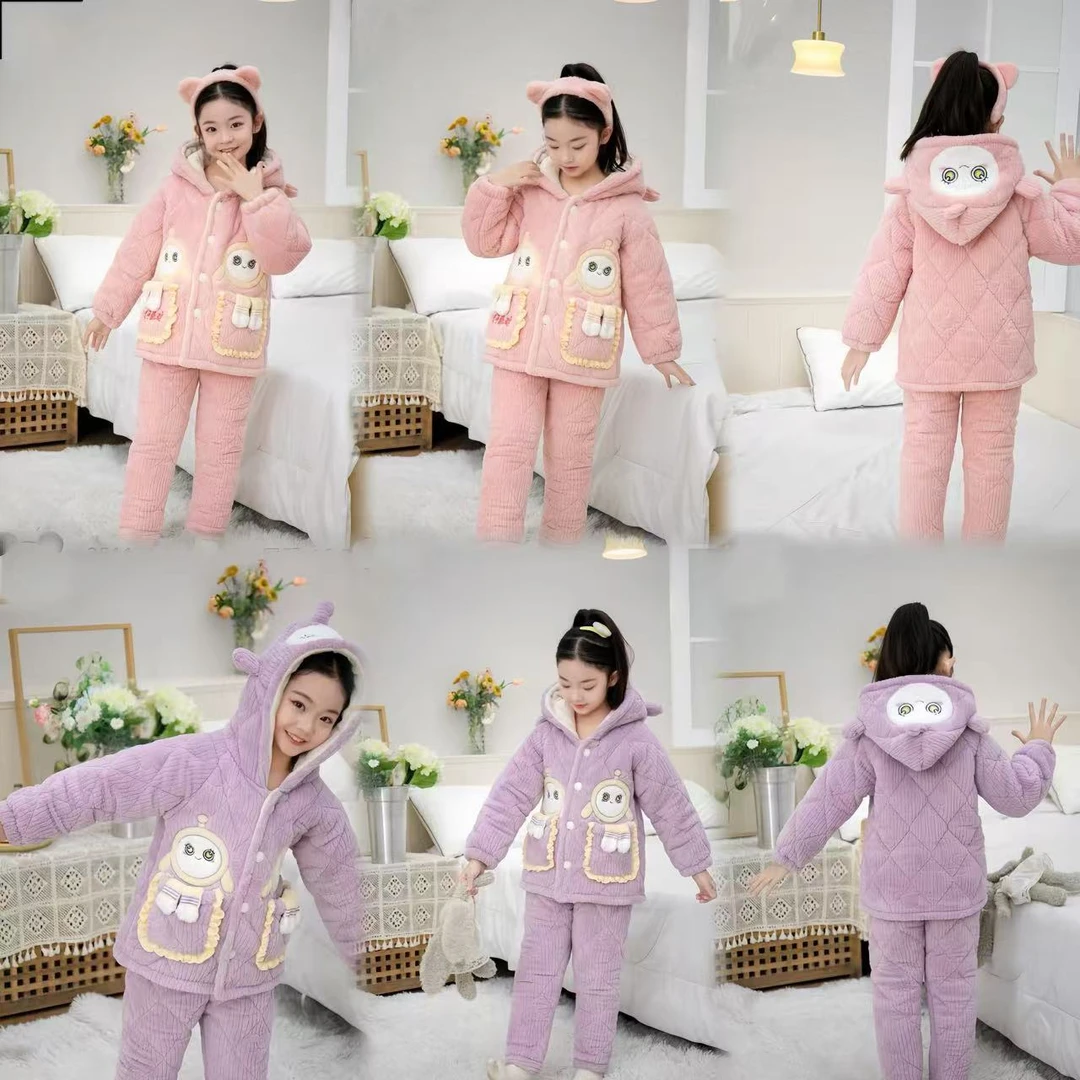 花嫂睡衣冬季儿童加厚定制版卡通连帽可爱蛋仔家居服套装25111