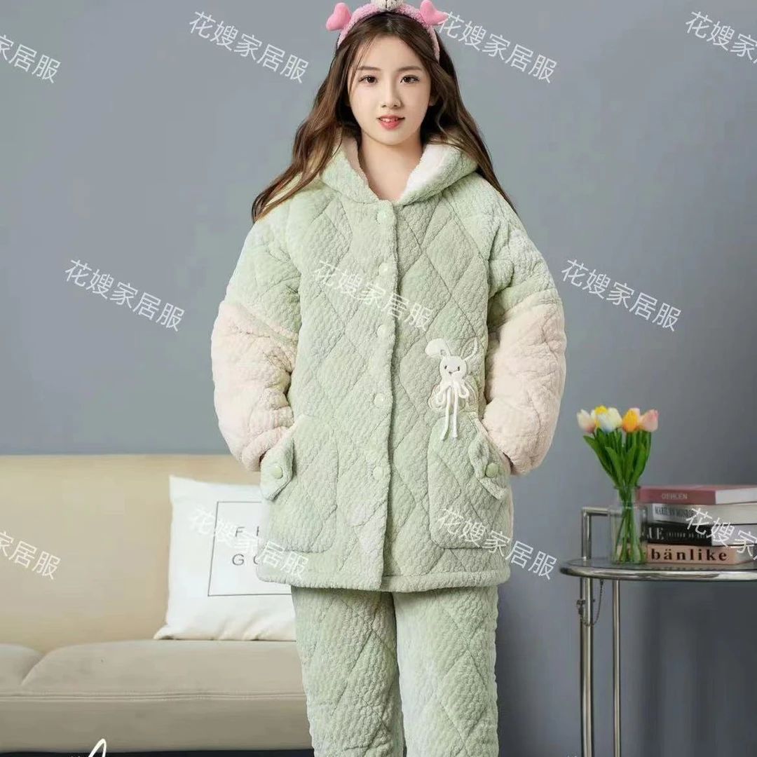 1仓 6427 女士冬季小兔蝴蝶结三层加棉加厚家居服套装