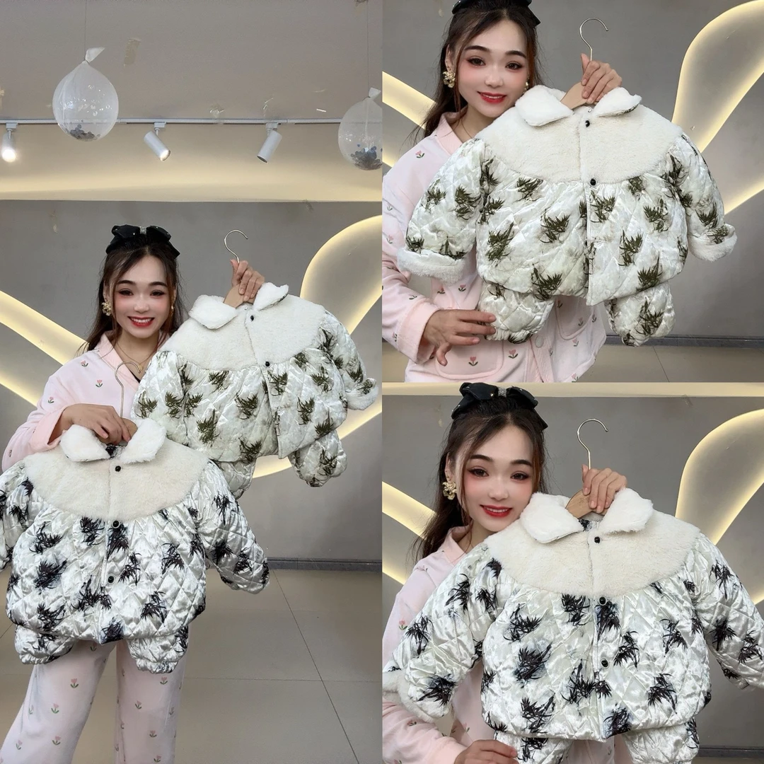 23832 花嫂睡衣儿童复古竹子文艺风可外穿三层夹棉加厚家居服套装