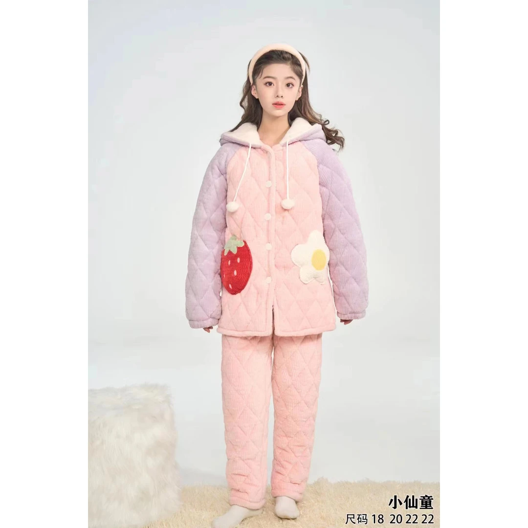 885  女大童冬季新款荷包蛋AB口袋连帽耳朵三层加厚家居服套装