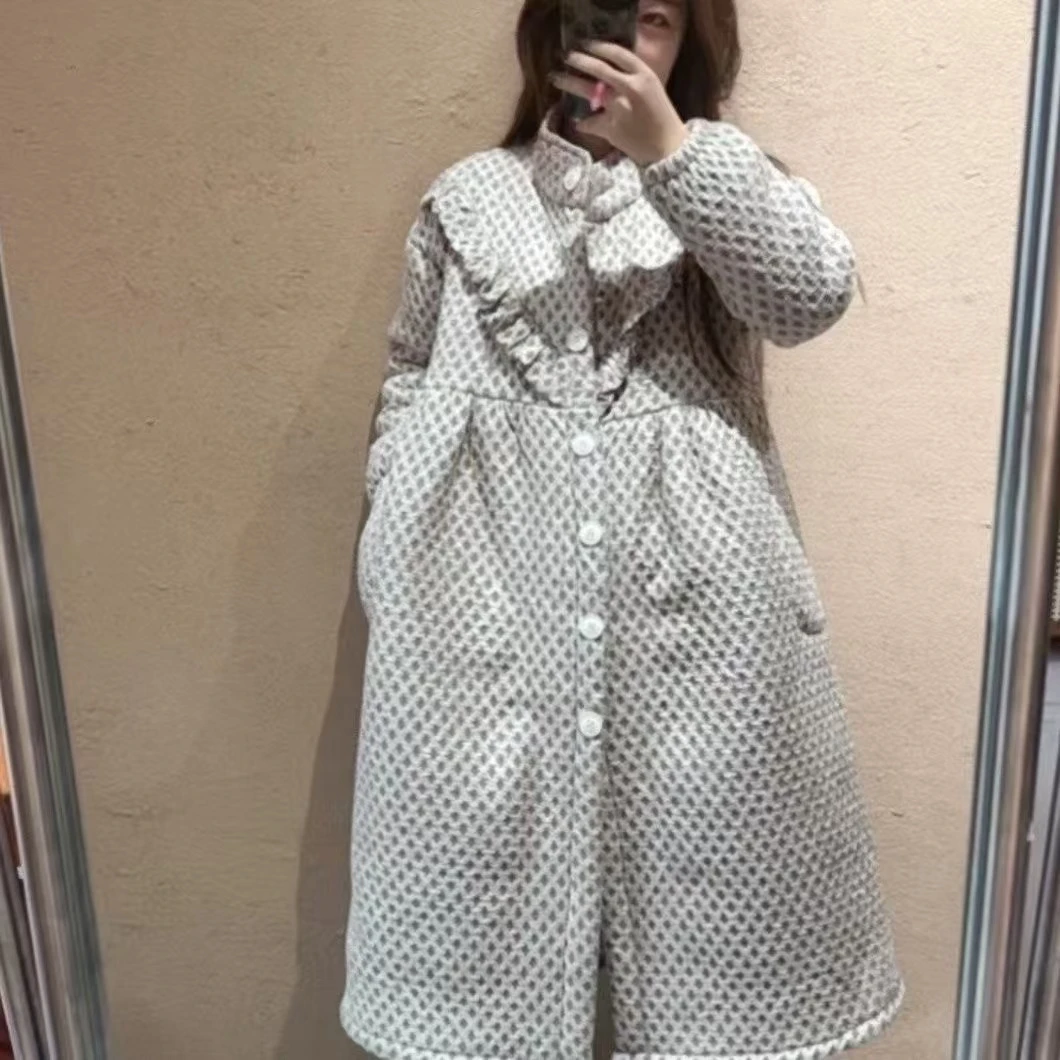 6639 花嫂睡衣冬季新款女士中长款格纹印花宫廷睡袍家居服可外穿
