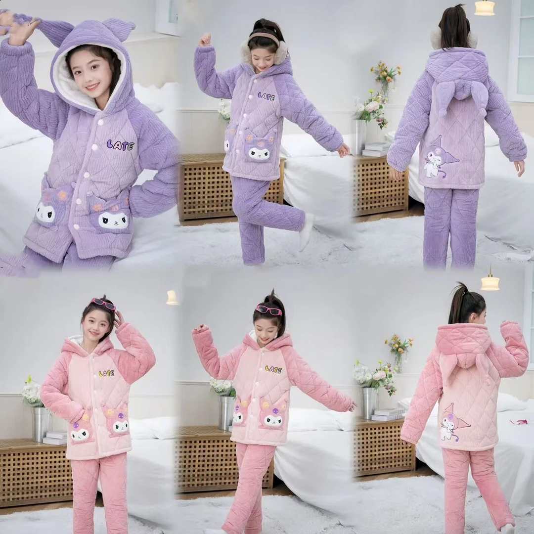 3509 花嫂家女童冬季新款爆款库洛米加棉加厚家居服睡衣套装