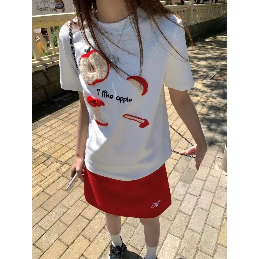 韩版刺绣植绒苹果短袖T恤女夏季新款设计感小众休闲显瘦纯棉上衣
