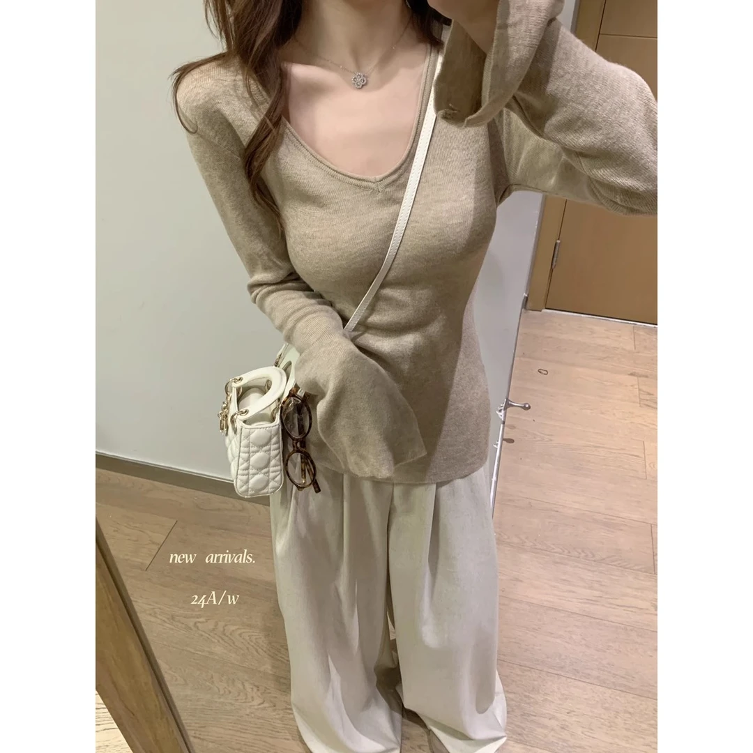 纯欲风气质灰色休闲内搭长袖针织衫女秋冬软糯修身显瘦打底衫上衣