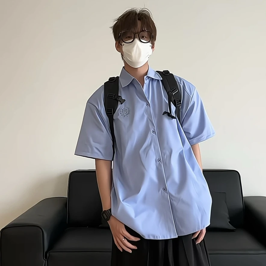 夏季宽松休闲蓝色短袖衬衫美式潮牌情侣装学院风jk制服短袖衬衫男