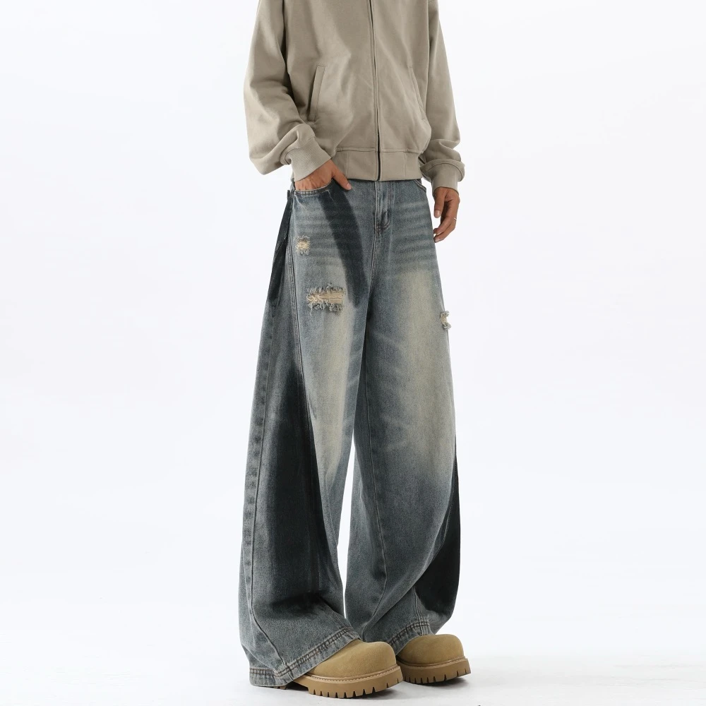 男女潮流美式复古做旧弯刀牛仔裤百搭休闲直筒水洗宽松牛仔裤