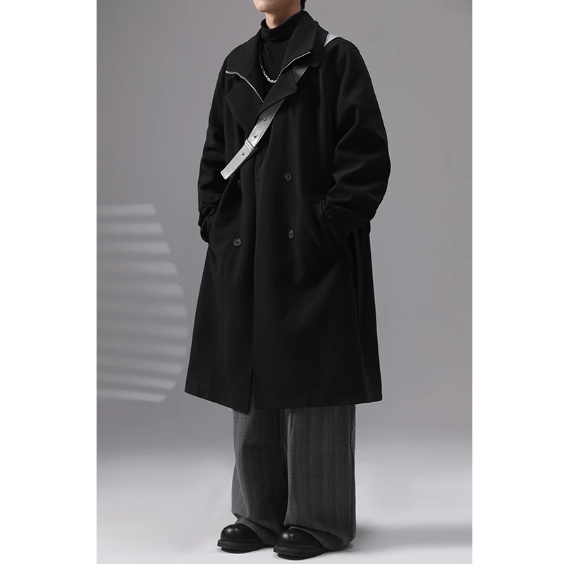 韩版秋季假两件毛呢大衣男中长款呢子外套痞帅黑色宽松过膝风衣