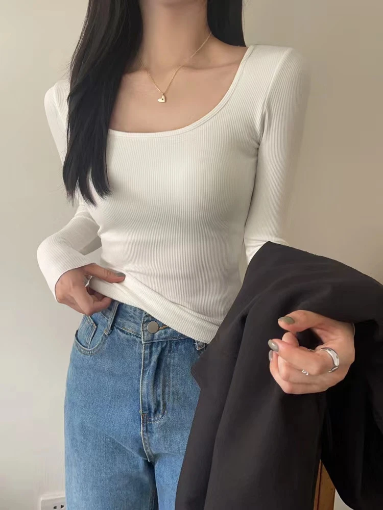 秋冬 螺纹打底衫磨毛带胸垫长袖T恤女修身上衣百搭方领 显瘦紧身