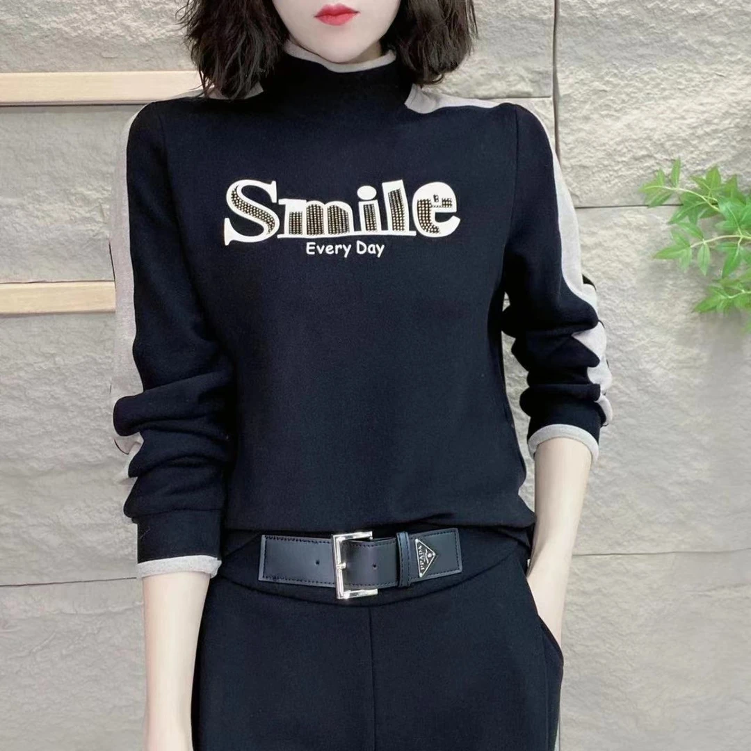 冬季新款保暖德绒打底衫字母烫钻半高领t恤女士内搭大码女上衣