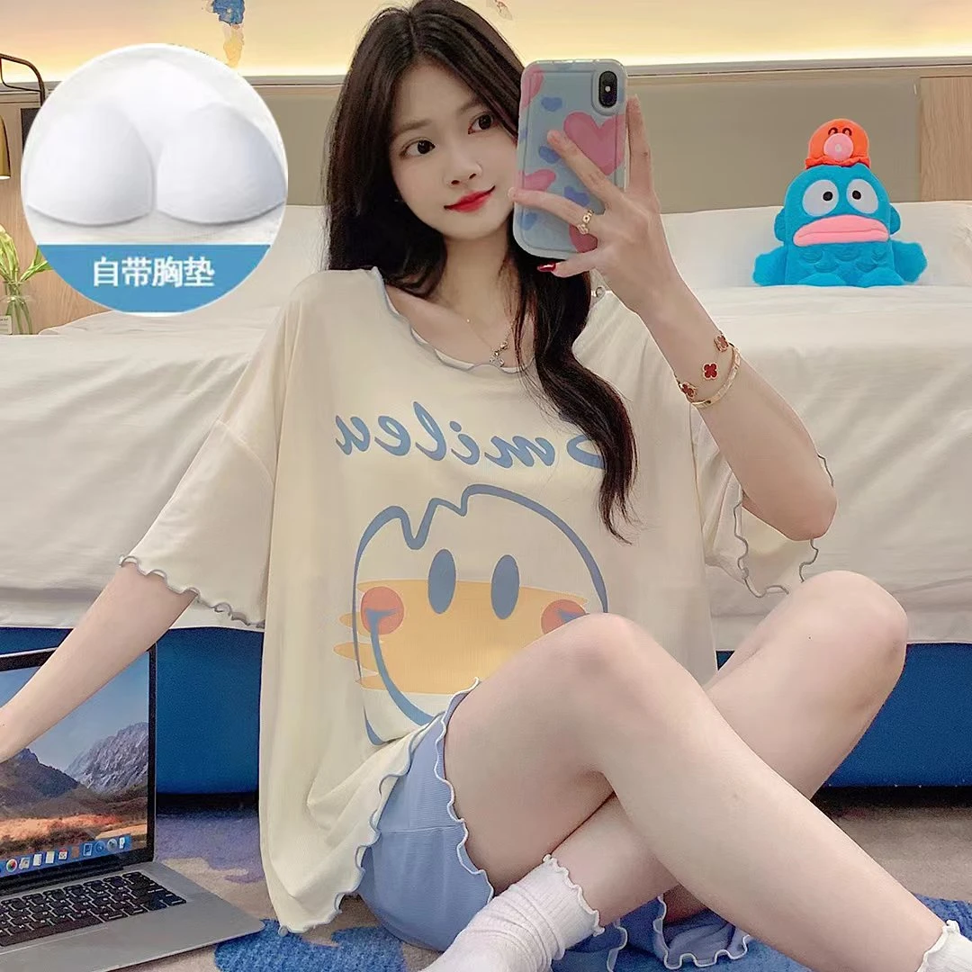 可外穿睡衣女夏季冰丝螺纹新款短袖短裤套装夏天宽松家居服夏