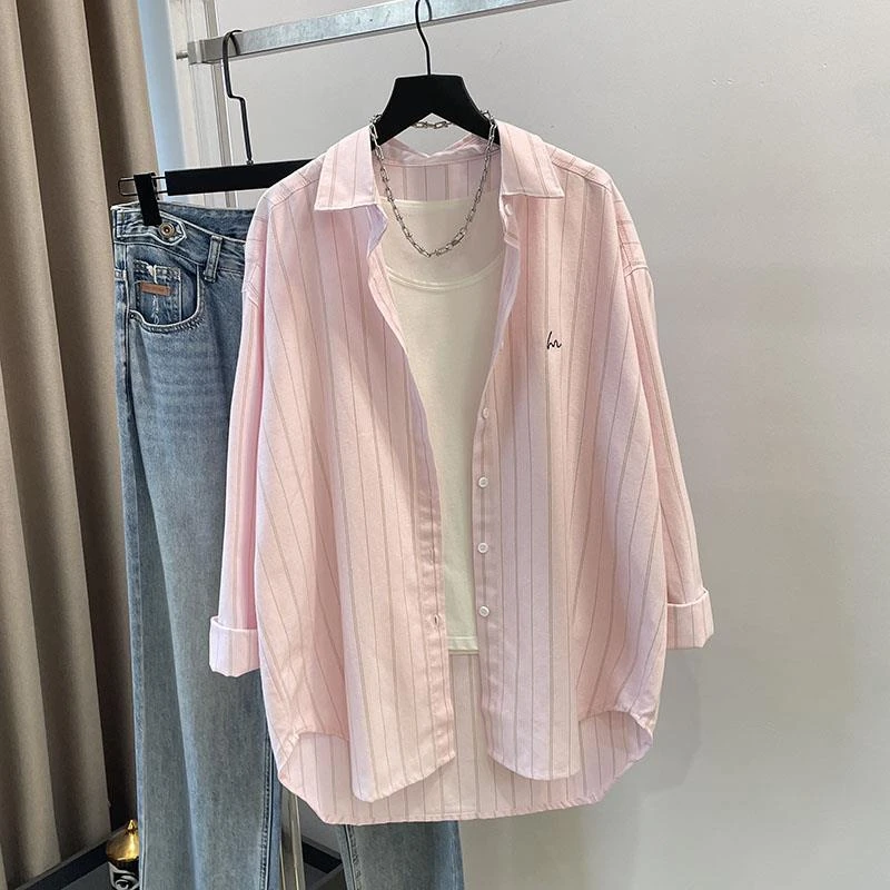休闲Polo领条纹衬衫女宽松设计感小众中长款叠穿外搭长袖竖条衬衣
