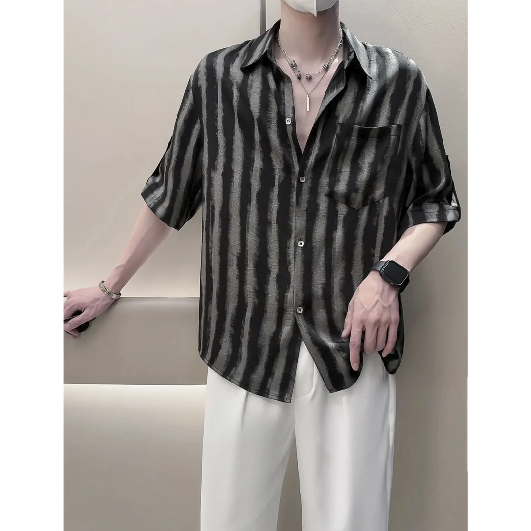 【清仓捡漏】1538男士夏季冰丝缎面垂感轻薄宽松抗皱痞帅短袖衬衫