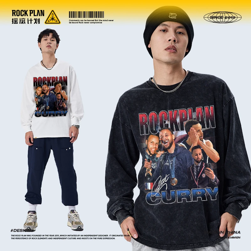 摇滚计划库里金牌晚安美式嘻哈复古做旧水洗男女同款圆领纯棉长袖
