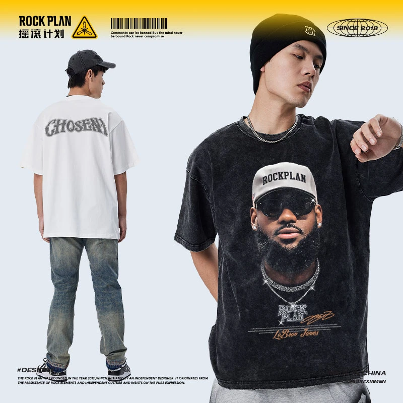 【詹姆斯经典款】美式休闲复古做旧半袖宽松圆领街头纯棉短袖t恤