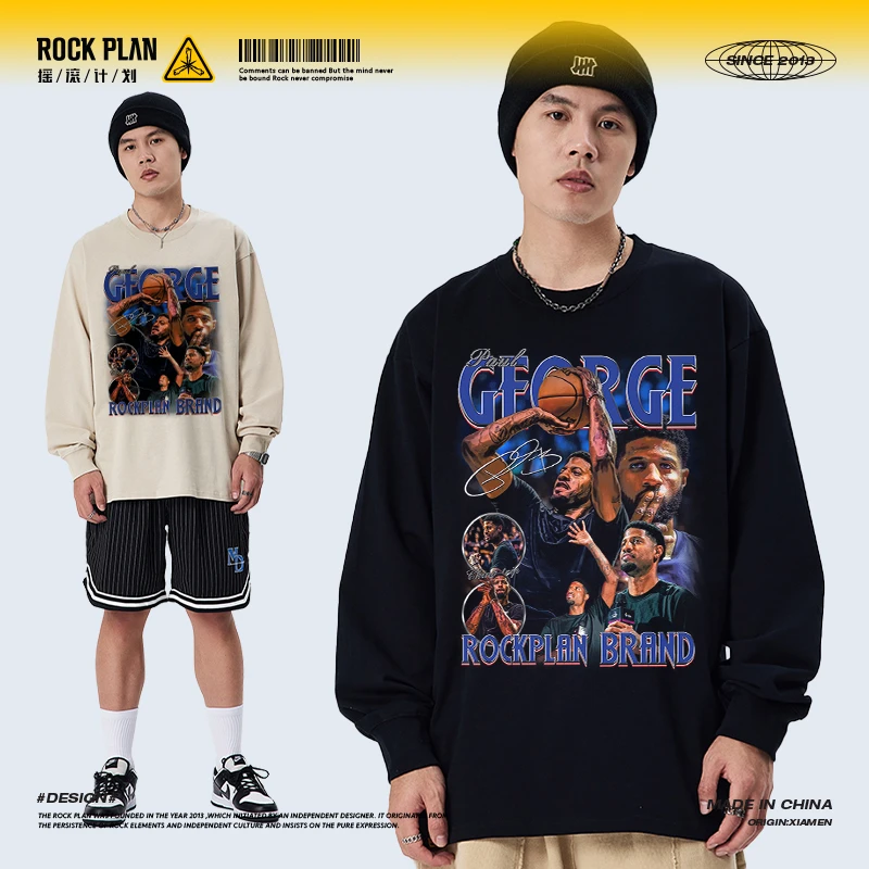 摇滚计划保罗乔治美式嘻哈高街复古做旧水洗男女同款圆领纯棉长袖