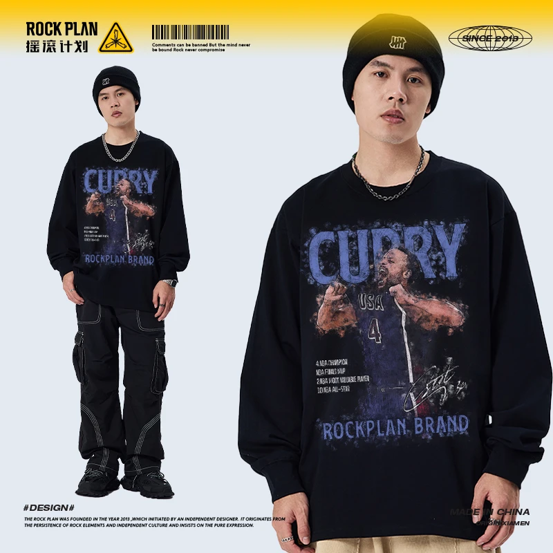 摇滚计划库里手绘风美式嘻哈复古水洗宽松男女同款圆领纯棉长袖