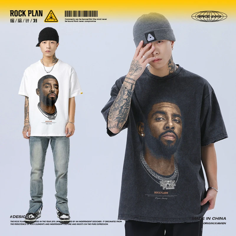 摇滚计划欧文项链大头像美式高街宽松圆领街头水洗纯棉短袖t恤