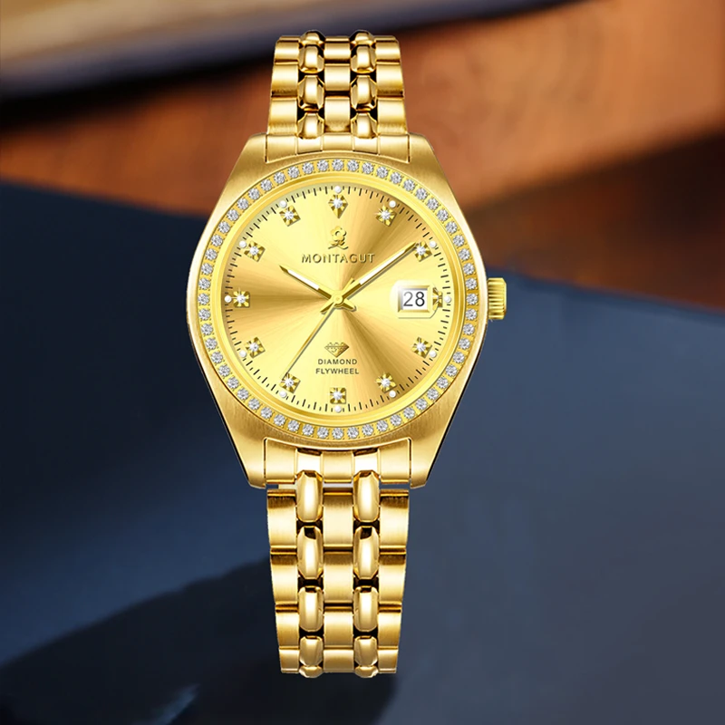 Montagut/梦特娇日志时尚轻奢镶钻香槟金男士飞轮手表