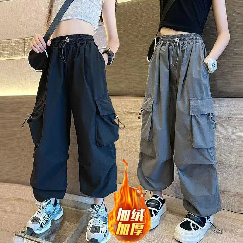 女童裤子2024新款秋冬中大童运动宽松工装裤加绒儿童洋气裤子潮