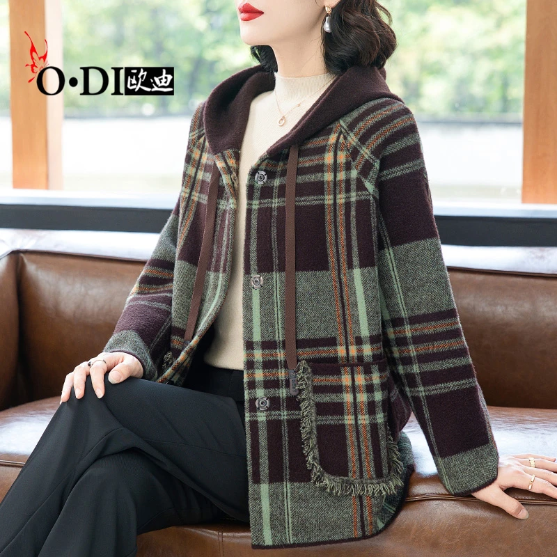 中年妈妈装秋冬外套连帽毛呢开衫针织中老年女装上衣2024冬装套装