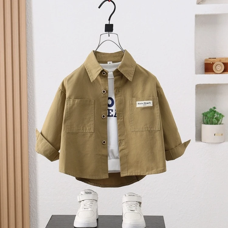 中小男童秋季衬衫2025新款POLO领宝宝春秋款衬衣儿童长袖纯色外套