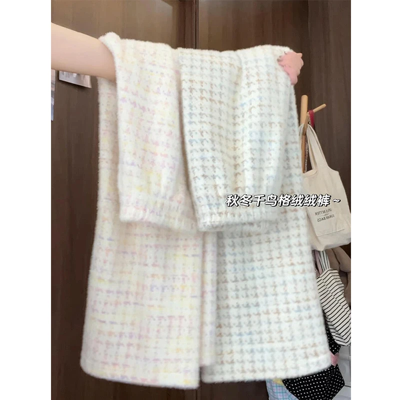 千鸟格绒绒裤女毛呢秋冬季2024新款休闲宽松小个子加绒格子阔腿裤