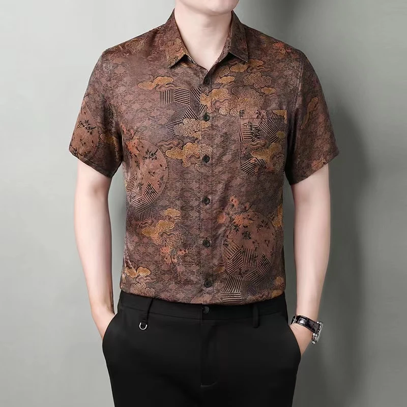 【香云纱100%】祥云万里花萝短袖男士桑蚕丝衬衫短袖男装丝绸真丝