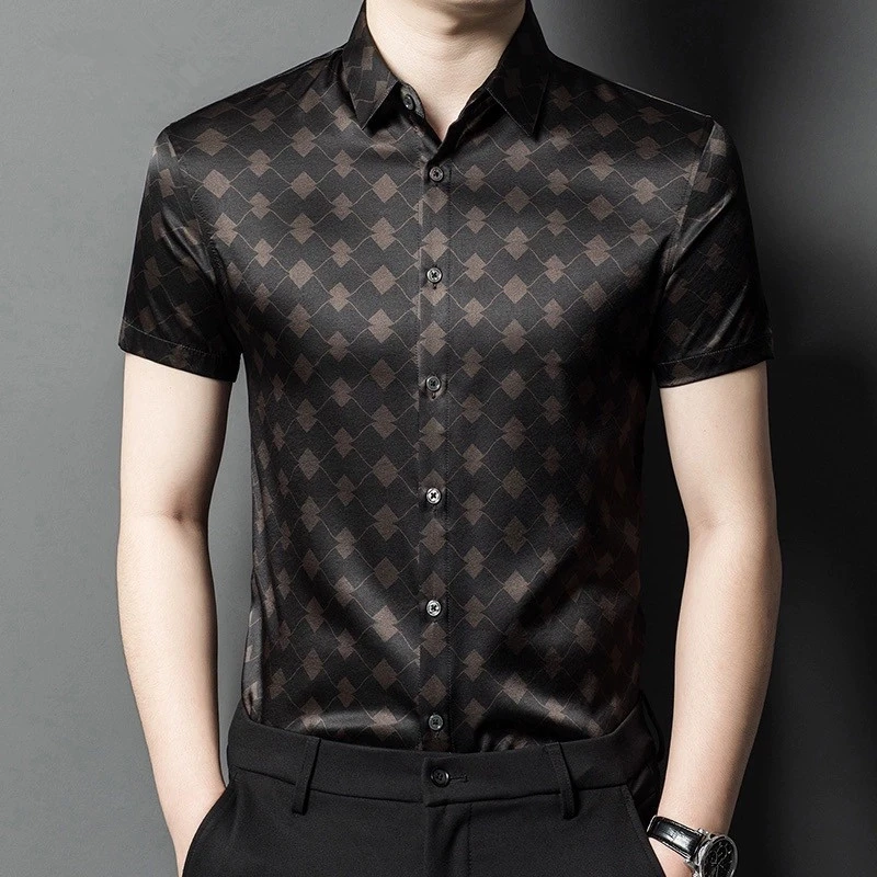 【桑蚕丝】男士印花轻奢真丝衬衫夏季中青年短袖男装蚕丝绸衬衣2041