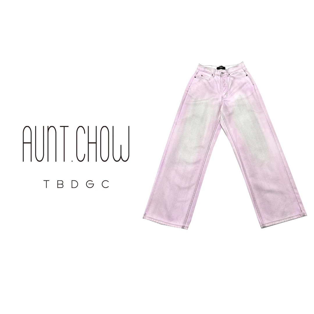 活动款 AC风格24秋冬粉色擦脏宽松牛仔裤