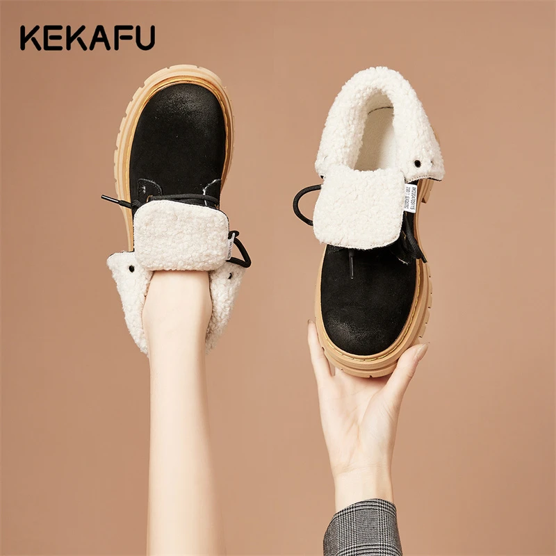 珂卡芙东北棉鞋黑色雪地靴皮毛一体女2024秋冬加绒保暖防滑马丁靴