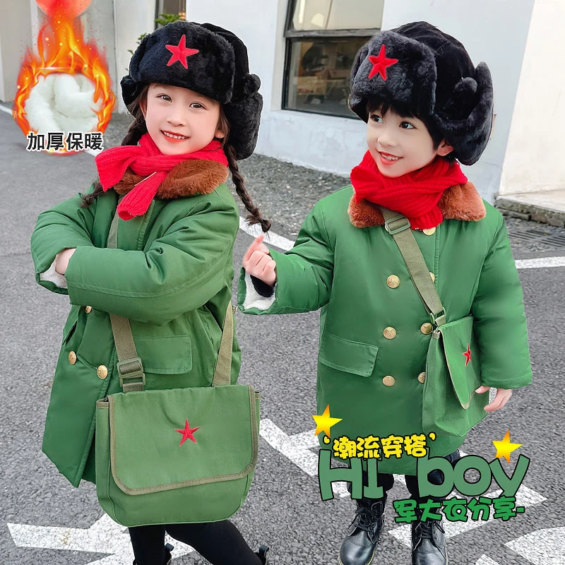 儿童军大衣男童加绒棉服冬装加厚东北女宝宝棉袄长款军绿色棉衣潮