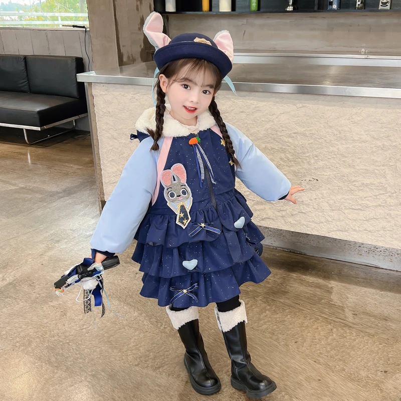 女童派克服外套2024新款冬季儿童棉衣服加绒加厚秋款朱迪兔子警官