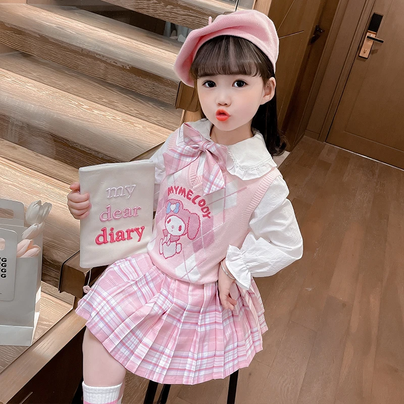 2024新款女童美乐蒂衣服春秋款套装百褶裙儿童jk洋气马甲三件套