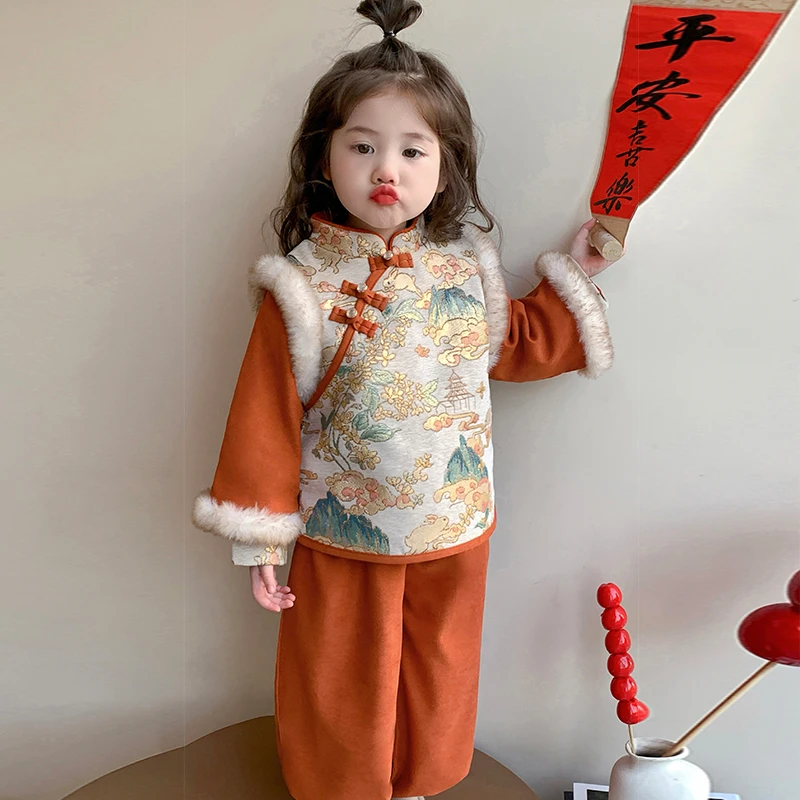 儿童汉服2024新款中国风拜年服女童冬款加绒加厚保暖古装周岁礼服