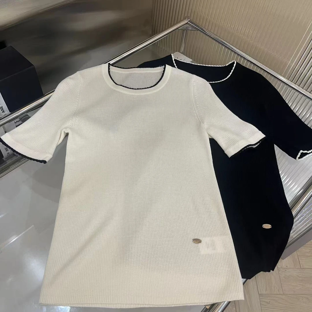 0196-高级感纯色针织衫短袖2024女夏复古修身时髦百搭别致上衣潮