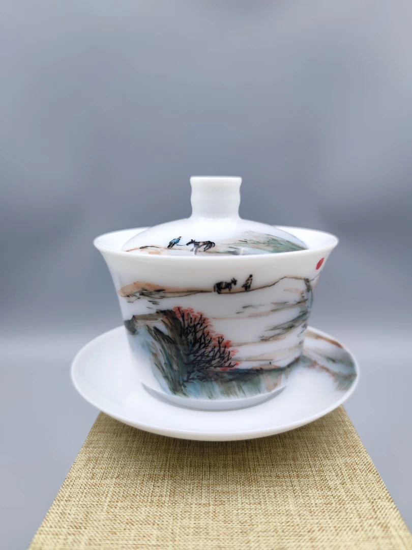 醴陵釉下五彩瓷(玉泥)    手绘    日出正东方   三才盖碗