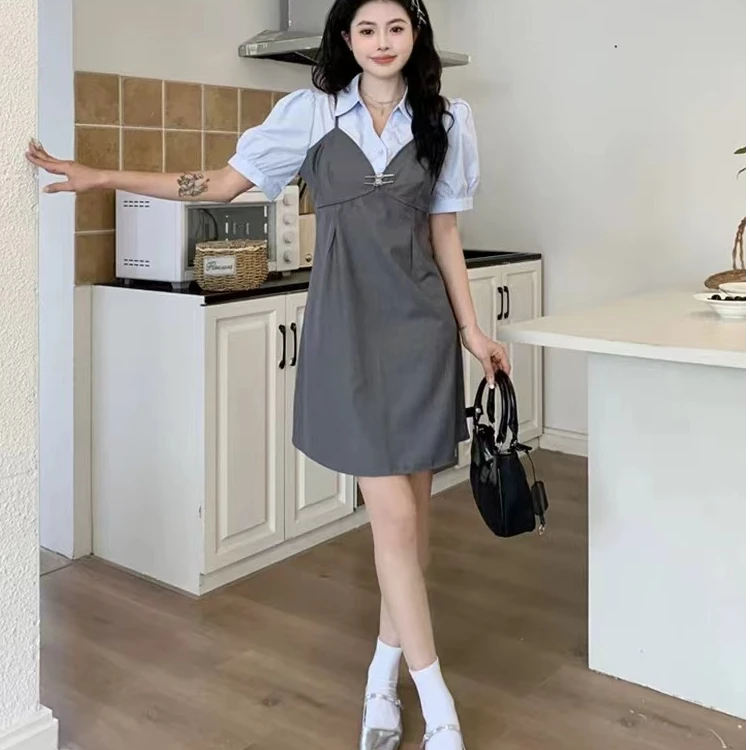 衬衫式拼接假两件套装小个子微胖大码休闲收腰显瘦连衣裙LL011