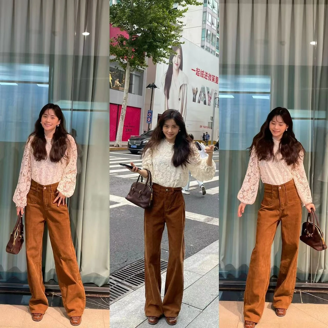 井迪儿【风吹冬去】～设计感宽松美式灯芯绒直筒长裤（不含腰带）