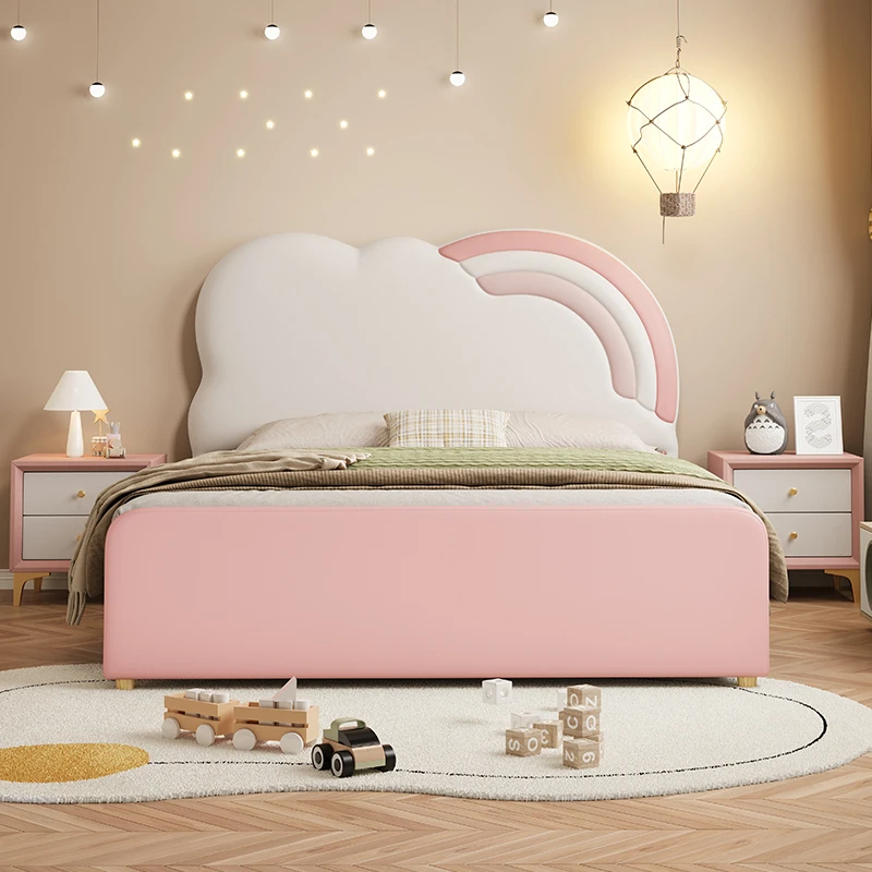 儿童床卡通彩虹床轻奢学生单人床卧室双人床实木女生公主床软包床