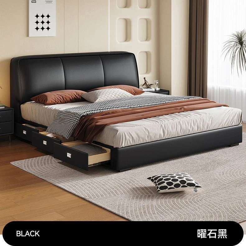 意式极简真皮床轻奢现代简约双人皮艺床软包储物主卧室大床婚床