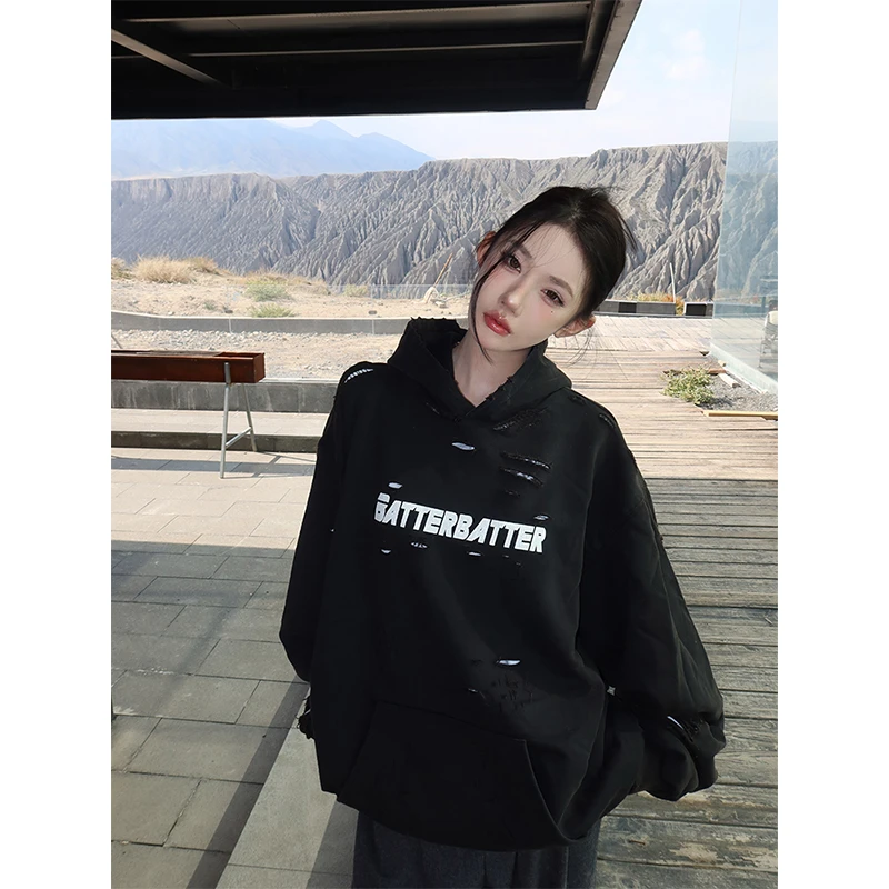 Rs6 美式潮牌假两件vibe重磅做旧破洞假两件连帽卫衣男女